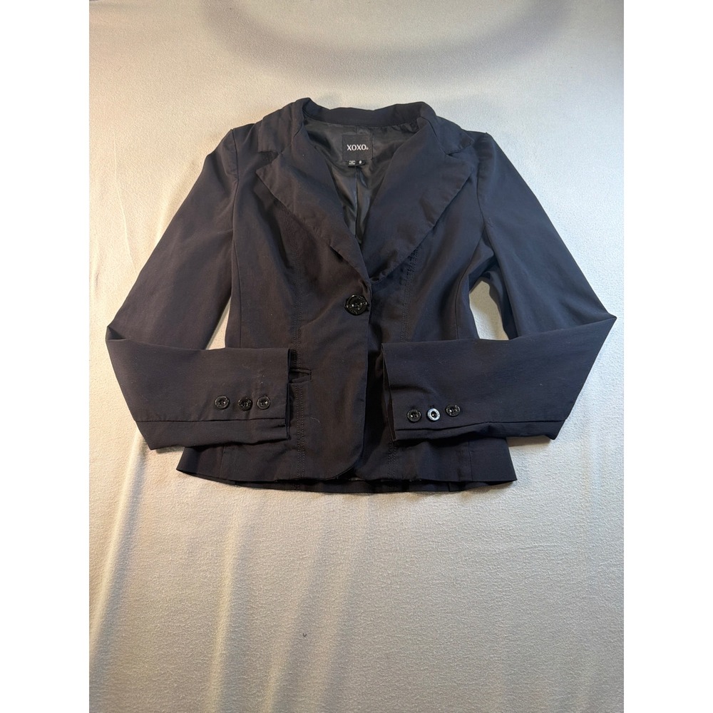 XOXO Womens Small Black Peplum Blazer Single Button Career Office Jacket Y2K